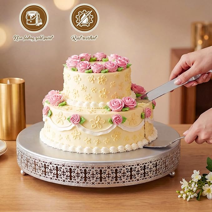 Wenqik Silver Cake Stand 16 Inch Metal Round Cupcake Dessert Wedding Cake Stand with Cutting & Spatula Cookies Display Holder Fruit Serving Tray for Table Wedding Birthday Anniversary Party