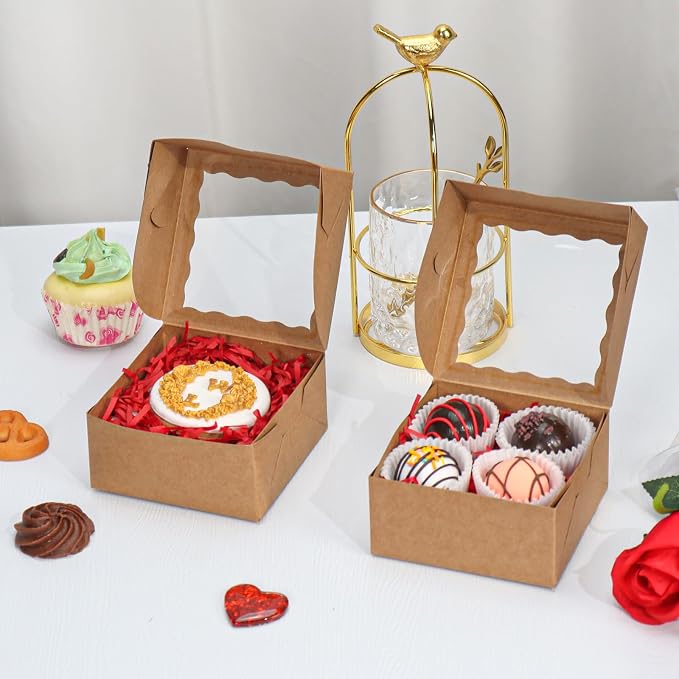 100PCS 3¼" x 3 ¼" x 1 ½"Small gift boxes Cookies Boxes Chocolate Truffle Boxes for 4,Treat Boxes Donut Macaron Box Mini Bakery Boxes with Window Brownie Box