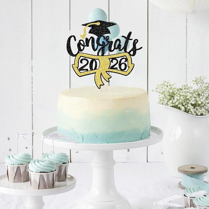 1 Pack Congrats Grad Cake Topper with Black Gold Glitter Diploma Graduation Cap Cake Pick Contrats Class of 2024 Cake Decorations for 2024 Graduation Theme High School Boys Girls Graduate Party