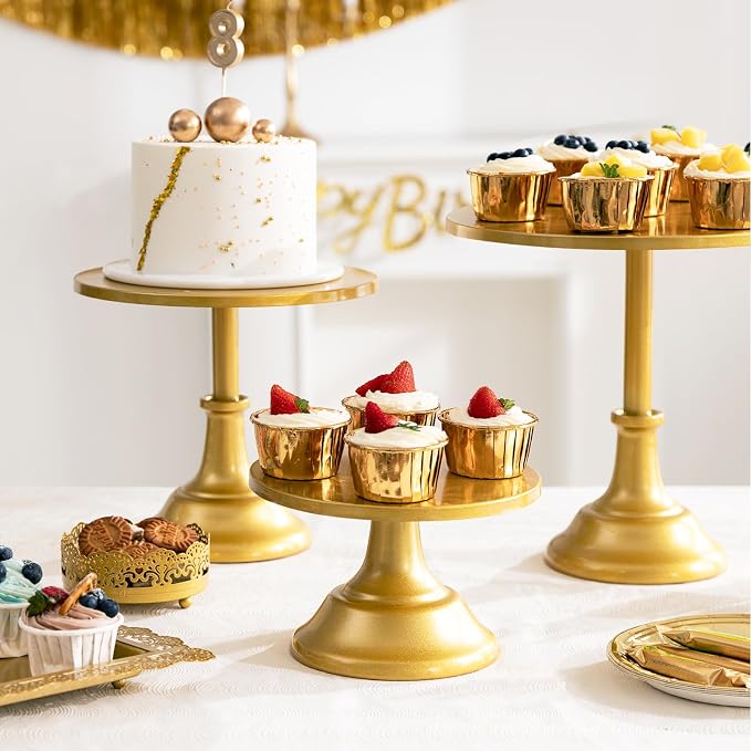 HBlife 3 PCS Gold Cake Stand Set (8"/10"/12" Plate) for 6-10 Inch Cakes, Dessert Table Display Set, Cupcake Stand for Party, Wedding, Birthday, Baby Shower, Anniversary (Metal)