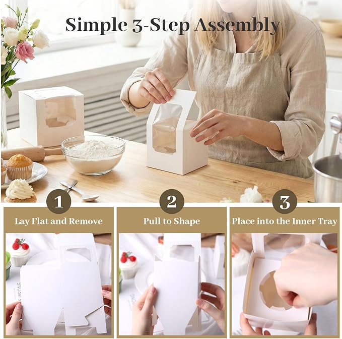 VGOODALL 60PCS Cupcake Boxes, 3.5 Inches Individual Cupcake Containers with Window and Insert for Muffins Cocoa Bombs Packaging Togo Boxes for Birthday Baby Shower Wedding Party Favors