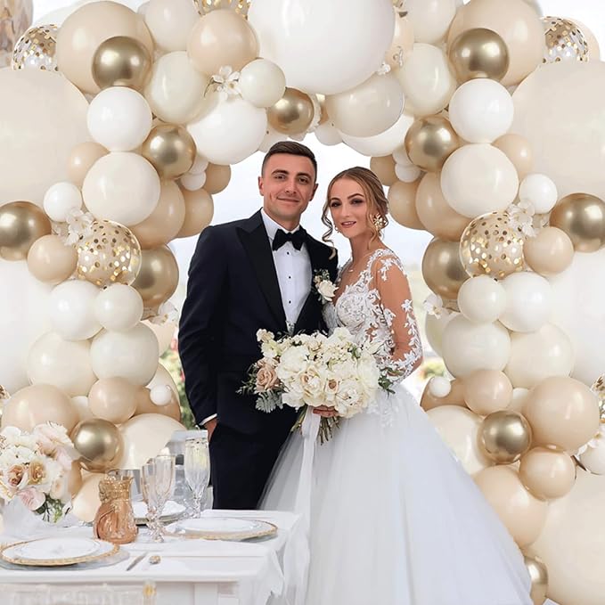Sand White Gold Balloon Arch Kit,Light White Ivory Beige Nude Balloons and Chrome Gold with Confetti Balloon Garland for Neutral Birthday Wedding Engagement Bridal Shower Boho Party Decorations