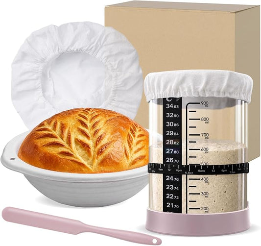 Sourdough Starter Kit, 9" Proofing Basket with 30oz Jar & Pink Silicone Lid | 9" Wood Pulp Banneton Bread Basket Reduces Sticking, 30oz Glass Jar with Lid Keeps Fresh, For Home Baking, Beginners & Pros