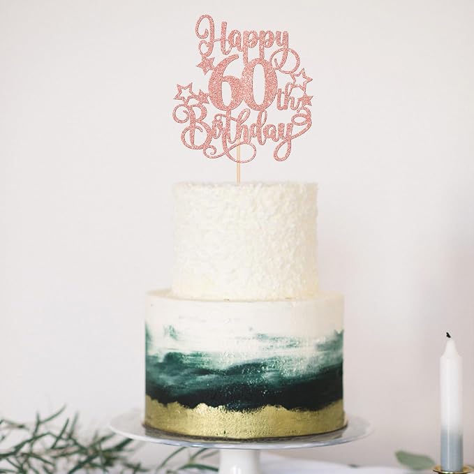 1 PCS Happy 60th Birthday Cake Topper Glitter Cheers to 60 Years Birthday Cake Pick Hello 60 Fabulous Cake Decoration for Happy 60th Birthday Anniversary Party Decorations Supplies Rose Gold