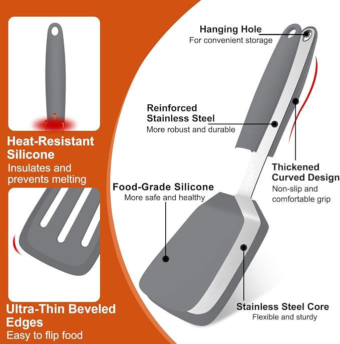 2 Pack Silicone Kitchen Spatula Set, 600°F Heat Resistant (Gray) | BPA Free, Solid & Slotted Turner, Non-Toxic Cooking Utensils, Safe for Non Stick Frying Pan, Dishwasher Safe