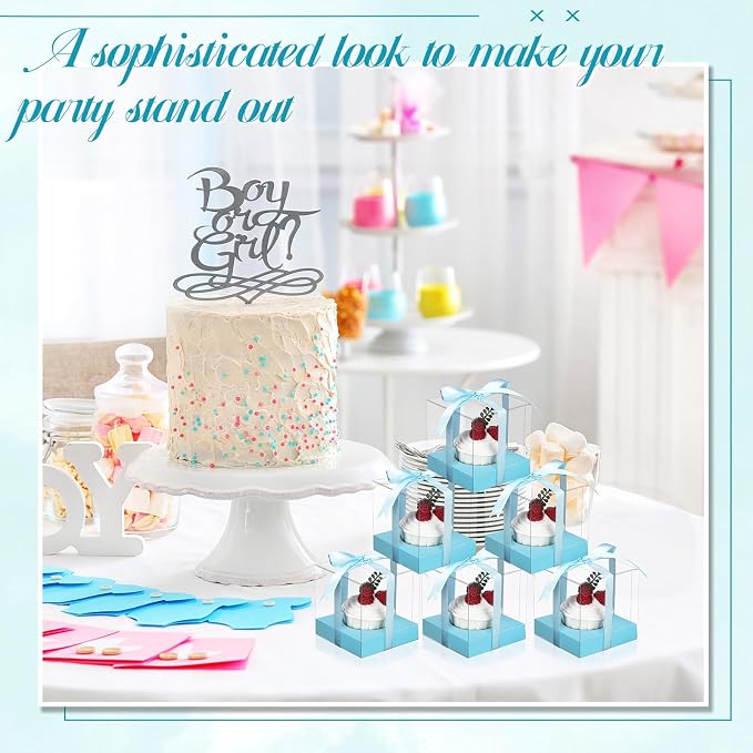 Thenshop 50 Pcs Clear Cupcake Boxes Individual 3.5 Inch Plastic Single Cupcake Containers Boxes with Inserts and Ribbon Individual Cake Storage Holders for Cake Kitchen(Light Blue)