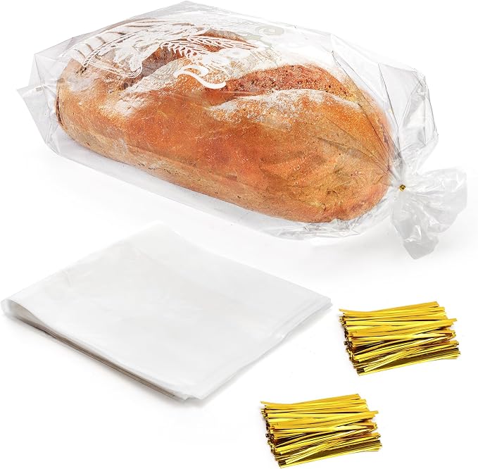 Nicunom 200 Pack Bread Loaf Packing Bags with Ties, Printed Bread Bag for Homemade Bread or Bakery, 8” x 4” x 18”, Reusable Plastic Bread Bags, Large Bread Storage Bags Adjustable