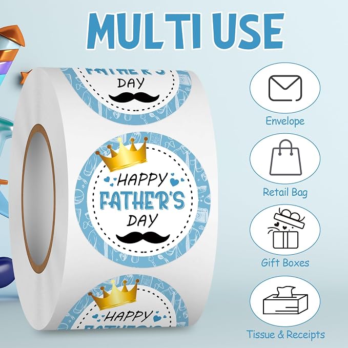 Louise Maelys 500PCS Father’s Day Stickers 1.5inch Round Happy Father's Day Labels with Gold Crown Mustache Design for Gift Wrapping, Cards, Envelopes