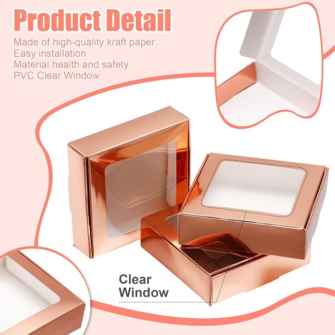 Zonon 30 Pcs Kraft Paper Boxes with Window 4.13 x 4.13 x 1.18 Inch Candy Packaging, Small Gift Boxes, Soap holder, Mini Treat Packaging for Bakery Chocolate Jewelry Display (Rose Gold)