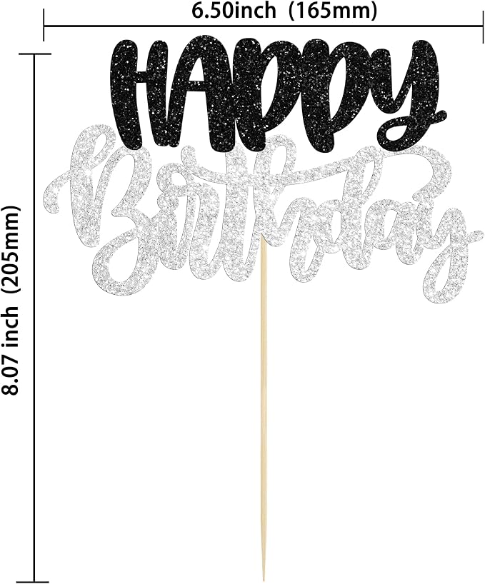Gyufise 1Pcs Happy Birthday Cake Topper Glitter Happy Birthday Cake Pick for Celebrating Wedding Anniversary Theme Party Cake Decorations Supplies Black Silver