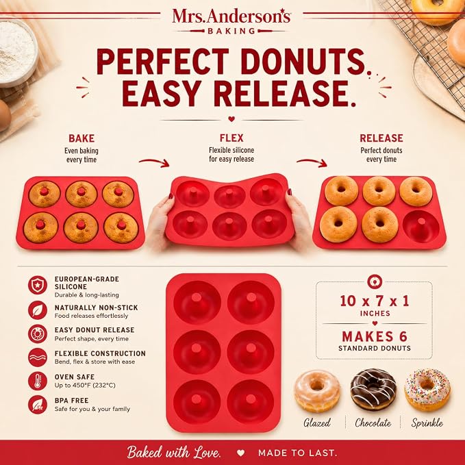 Mrs. Anderson's Baking Silicone Donut Pan, 6 Cup, European-Grade Silicone Bakeware, For Donuts And Dessert Rings
