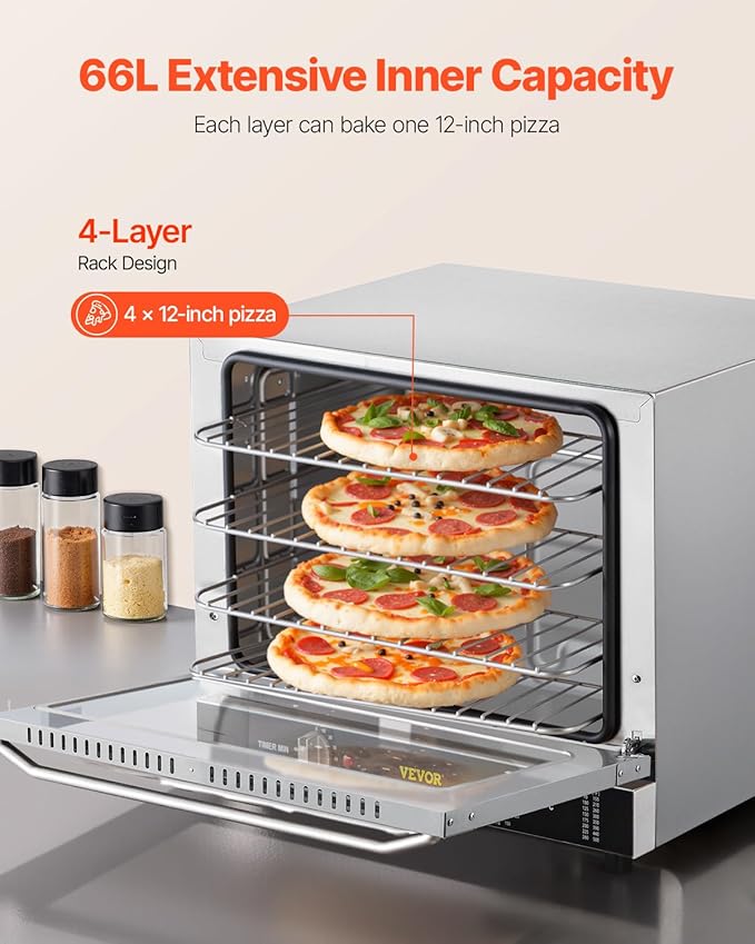 VEVOR Commercial Convection Oven, 66L/60Qt, Half-Size Conventional Oven Countertop, 1800W 4-Tier Toaster w/Front Glass Door, w/Trays Wire Racks Clip Gloves, 120V | 1800W, 4-Tier Toaster, Front Glass Door, Electric Baking Oven with Tray & Wire Racks Inc...