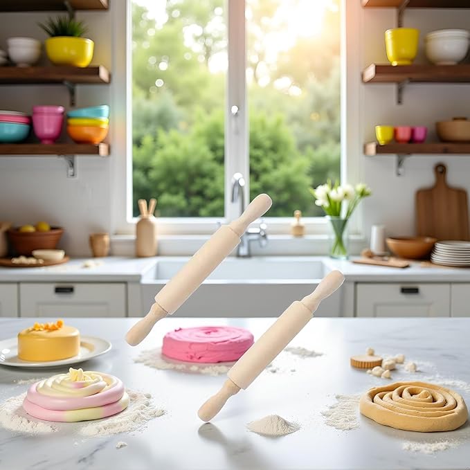 2Pcs Wooden Mini Rolling Pin Baking Small Dough Rolling Pin for Fondant Pastry Pizza Crafting and Imaginative Play for Christmas Presents Mini Pins Kitchen Dining (6 Inch)