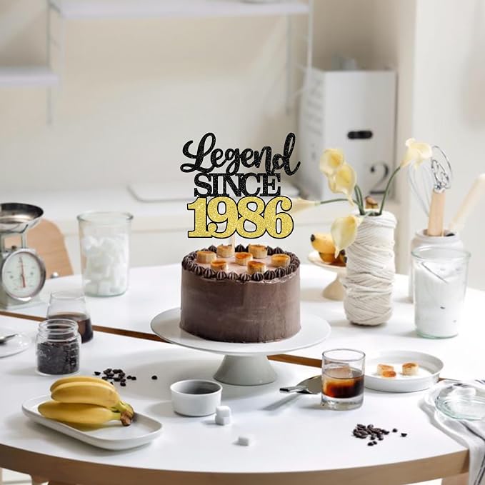 1 PCS Legend Since 1986 Cake Topper Black Gold Glitter Forty Happy 40th Birthday Cake Pick Cheers to 40 Years Cake Decoration for 40th Birthday Wedding Anniversary Party Decorations Supplies