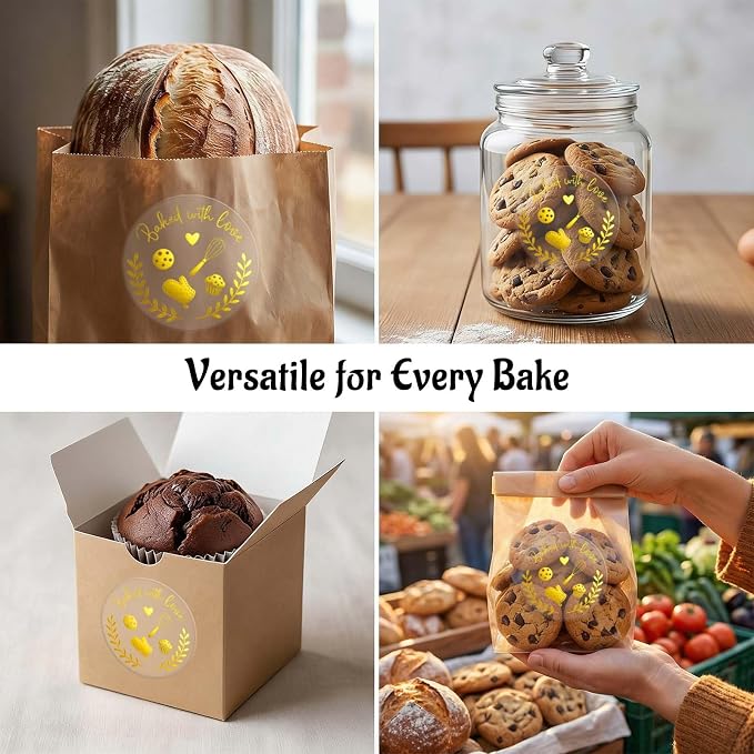 100PCS Baked with Love Stickers 1.6" Round Gold Foil Baking Labels for Cookies, Candy Table, Bakery Packaging, Unique Touch to Your Business and Homemade Cookies, Dessert Table Decor (Gold)