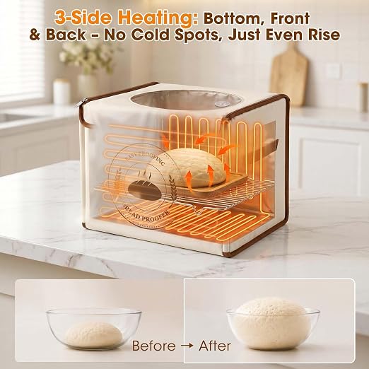 Bread Proofing Box, Folding Bread Proofing Box for Sourdough | 3-Side Heating, Built-in Hygrometer, 70-122°F & 1-24H Timer, Folds Flat for Storage, Stainless Steel Rack Included