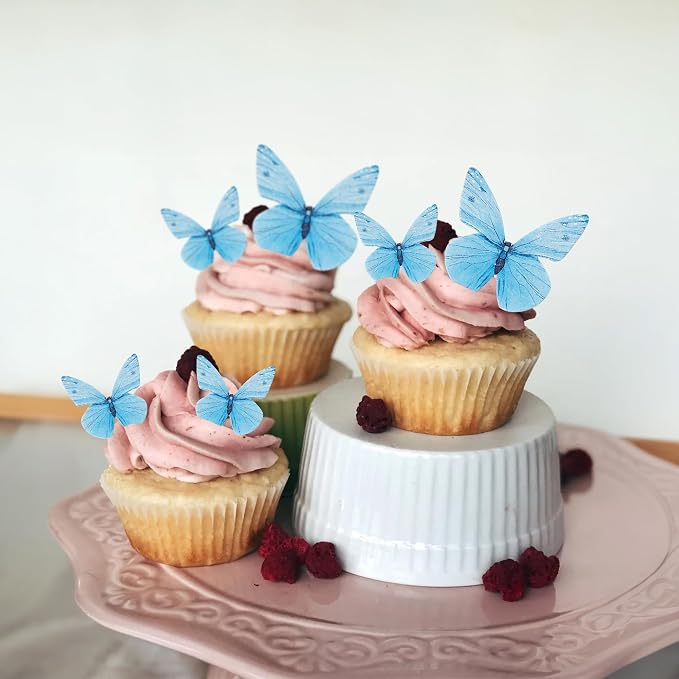Gyufise 72Pcs Edible Butterfly Cupcake Toppers & Decorations for Butterfly Theme Baby Shower & Kids Birthday Party Cake Supplies - Blue