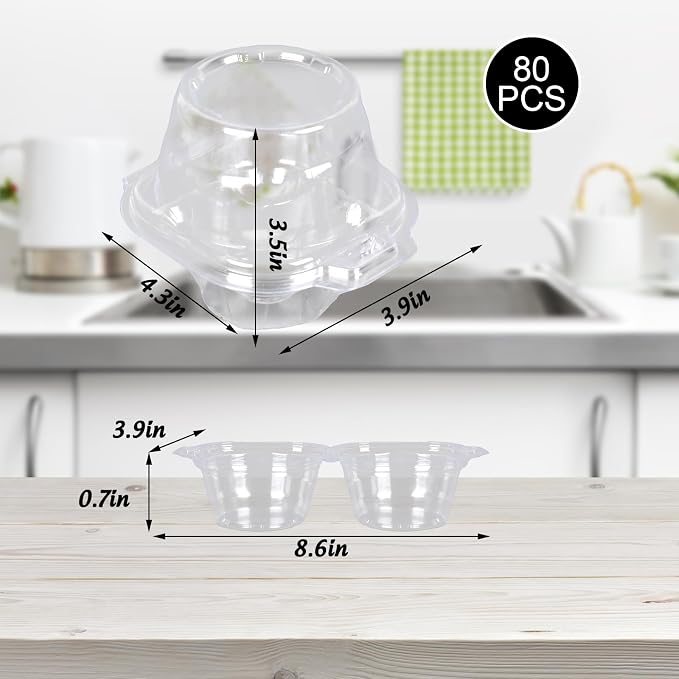 JarThenaAMCS 80 Pack Plastic Individual Cupcake Containers Clear Cupcake Boxes Holder Disposable Stackable Deep Dome Mini Cake Carriers for Cake Muffin Packaging