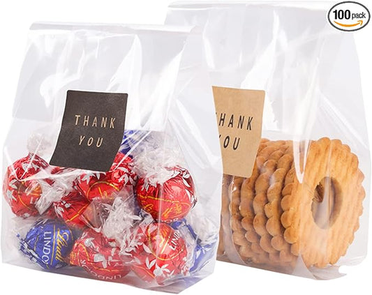 Cellophane Treat Bags Cookie Bags for Packaging Clear Gift Bag with Stickers for Cookies, Candy, Chocolates, Graduation Gift Bags(Clear, 9x4 INCH)