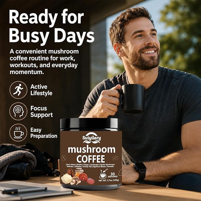 Suiyilary 10 Mushroom Coffee with Arabica w, Lion's Mane, Reishi, Mushroom Polysaccharides & More, Instant Mushrooms Powder for Focus, Immunity Boost, Memory & Clarity - 30 Servings