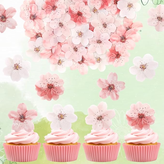 50 PCS Edible Cherry Blossoms Cupcake Toppers Edible Cherry Blossoms Flowers Cake Decorations for Spring Tea Party Cherry Themed Birthday Party Baby Shower Bridal Engagement Anniversary baked goods