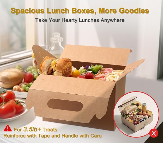 Happyhiram 40-Pack Large Gable Boxes Kraft Brown - 9x6x6 Inch Sturdy Kraft Paper Gift Boxes for Party Favors, Box Lunches, Cookies, and Birthday Wedding, Easy to Assemble with Handles