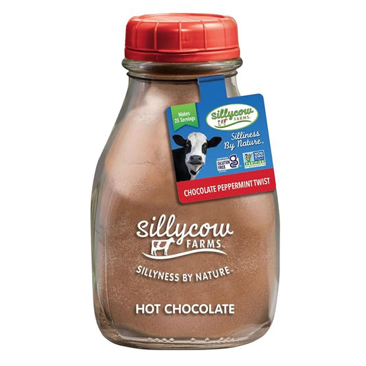 Sillycow Farms Peppermint Twist Hot Chocolate Mix | Gluten-Free, Non-GMO, Dairy-Free | Dutch Processed Cocoa Powder & Natural Cane Sugar | Holiday Flavor in Reusable Glass Bottle | 16.9 oz, Pack of 1