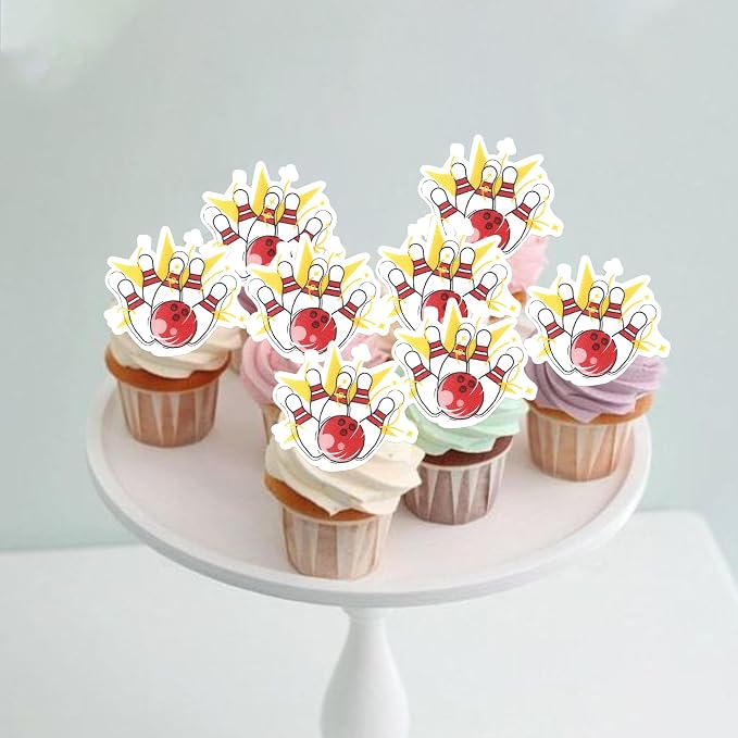 48 PCS Edible Bowling Cupcake Toppers Wafer Paper Sports Ball Cupcake Picks Edible Bowling Birthday Decorations for Sports Theme Baby Shower Boys Girls Player Birthday Party Cake Decoration Supplies