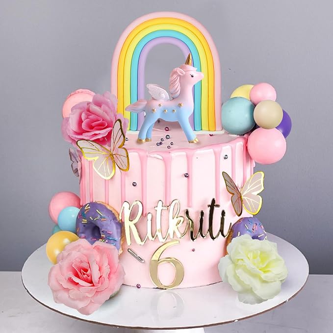 47 PCS Unicorn Cake Topper Unicorn Rainbow Cake Decorations with Rainbow Butterflies Unicorn Balls Happy Birthday Cake Decorations (Style 2)