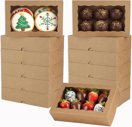12PCS 8x5x2Inch Brown Cookie Boxes Bakery Boxes with Window for Cakesickle, Chocolate Truffle, Chocolate Covered Strawberry, Pretzel &More