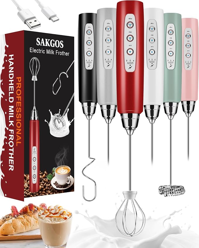 Sakgos Milk Frother Rechargeable Handheld-Electric Whisk 3 Speed Adjustable, Frother Wand Coffee with 3 Stainless Whisks, Electric Foam Maker, Drink Mixer Blender for Latte Cappuccino Matcha Egg