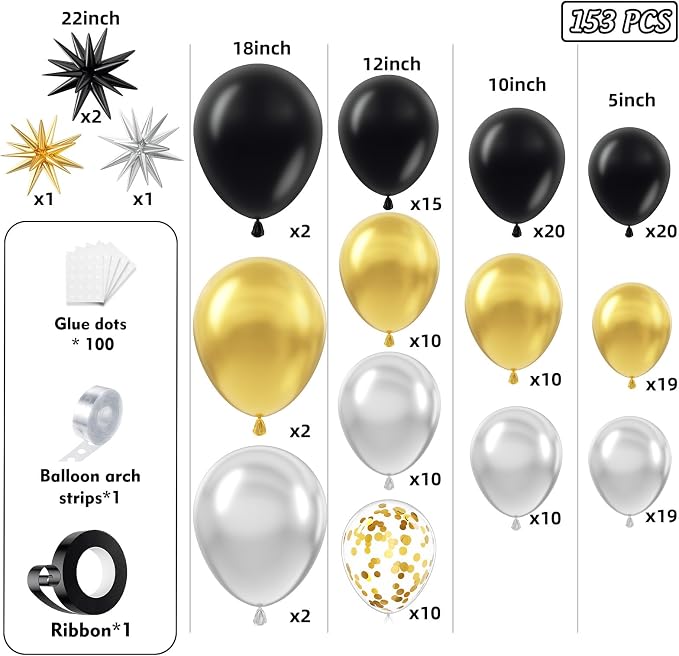 Black Gold and Silver Balloon Arch Garland Kit 153pcs with Star, 22 18 12 10 5in Different Size Black Gold Sliver Balloons for Birthday Anniversary 2026 Graduation New Year Party Decoration