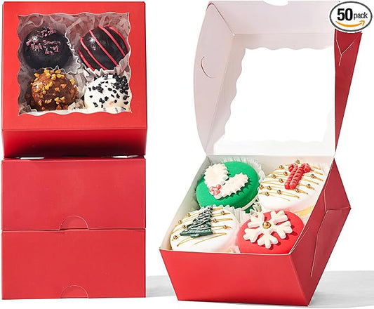 50-Count 4x4x2 Inches Food-Safe Classic Red Bakery Boxes - Multi-Use Pastry & Treat Packaging for Cookies, Truffles & Wedding Favors (Stackable Gift Boxes for Cakes, Pies & Cinnamon Rolls)