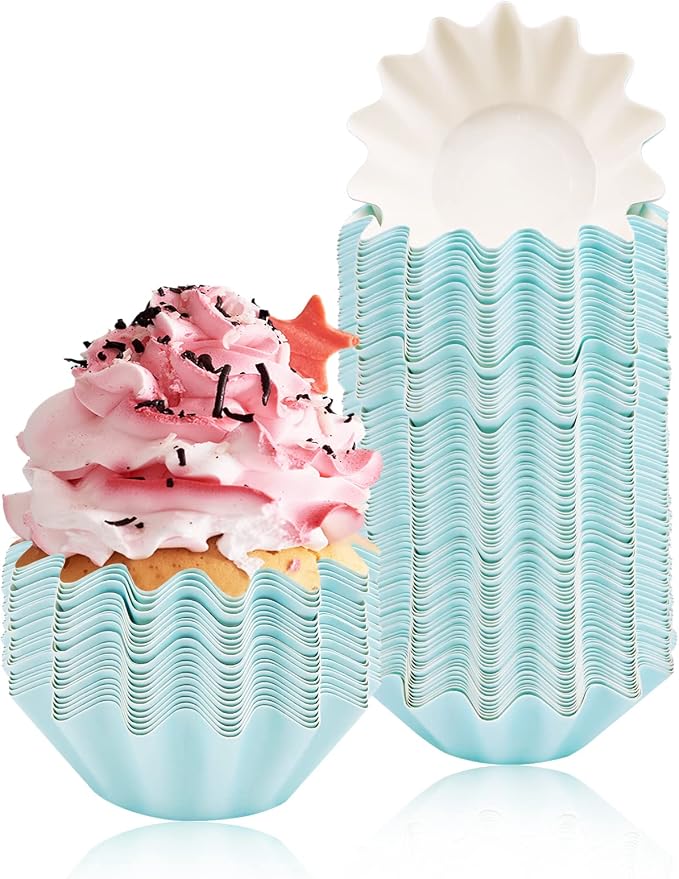 100 PCS Baking Cups Cupcake Liner Flared Brioche Muffin Wrappers (Sky Blue) | Standard Greaseproof Coated Paper Cup for Wedding Birthday Holiday Party or Baby Shower