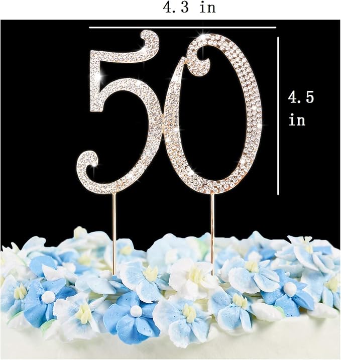50 Cake Topper | Premium Bling Rhinestone Diamond Gems | 50th Birthday or Anniversary Party Decoration Ideas | Quality Metal Alloy | Perfect Keepsake