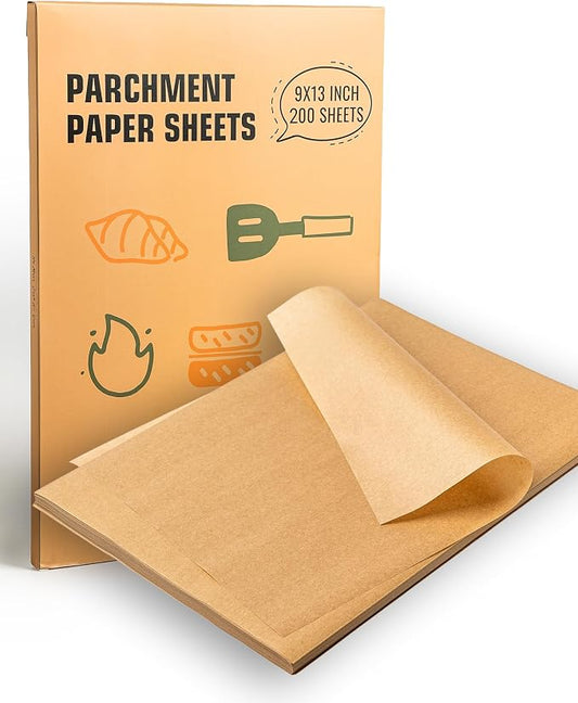 200PCS 9x13 Unbleached Parchment Paper Sheets for Baking, Precut Brown Baking Paper for Quarter Sheet Pan, Non-Stick Greaseproof for Oven & Air Fryer – Perfect for Cookies, Bread, Pizza & Cake