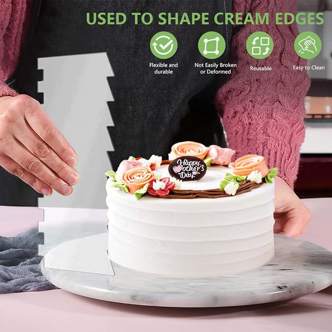 SenseYo 7 Pcs Acrylic Cake Scraper 9.5 Inch Large Icing Cream Frosting Smoother Comb Double Sided Patterned Edge Stripe for Cake Decorating Mousse Butter Baking Projects