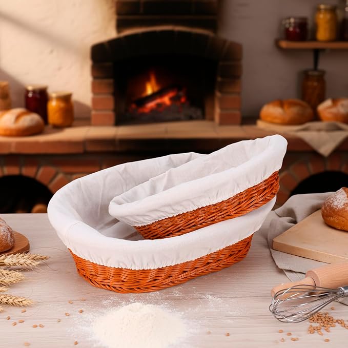 14" Bread Proofing Basket with Non-Stick Linen Liners,Wicker Sourdough Proofing Bread Baking Supplies,Oval Banneton Bread Baskets for Home Bakers Homemade Bread Baking（Wicke Set of 2）