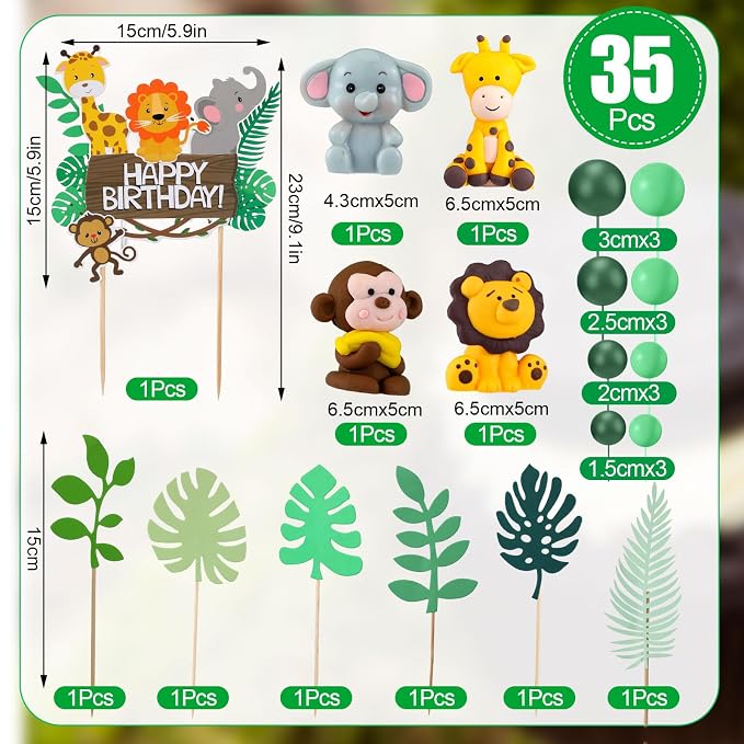 36 Pcs Safari Cake Topper Leaves Cake Decorations Elephant Birthday Cake Toppers Jungle Animals Cakes Toppers Woodland Animal Tiger Lion for Party Baby Shower Birthday Supplies