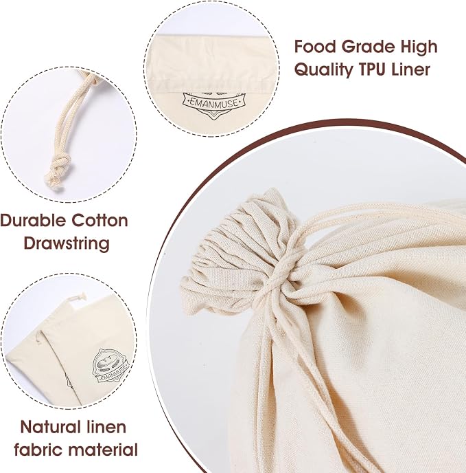 2 Pack Linen Bread Bags for Sourdough, Homemade Bread, TPU Lined | 2 pack linen bread bags with TPU lining, 12 x 17.5 in, for sourdough, loaves, rolls, bagels, reusable