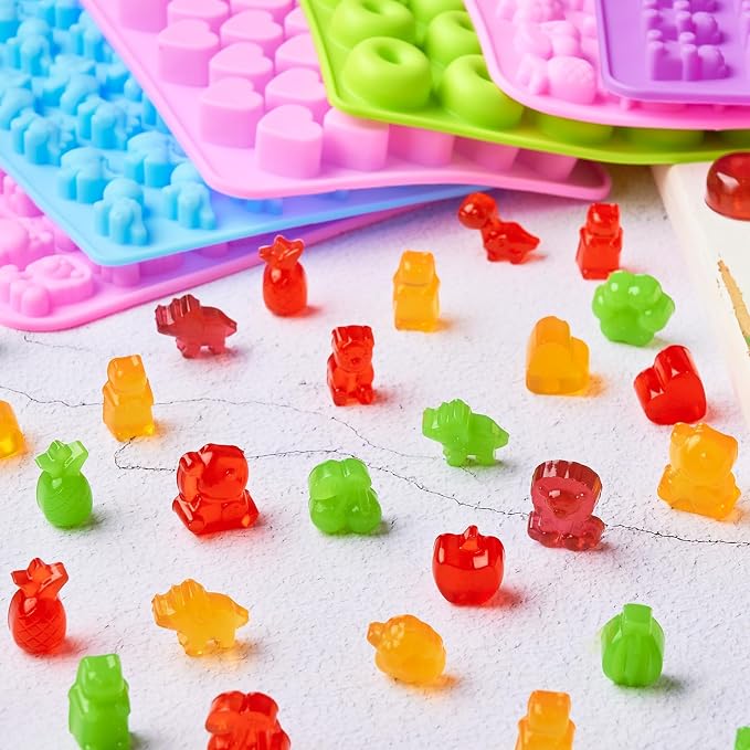 6 Pcs Mini Gummy Candy Molds Set, Silicone Bear Donut Dinosaur Fruit Snack Molds with 4 Droppers, Storage Box and Brush for Small Jello Candy Chocolate Gummy