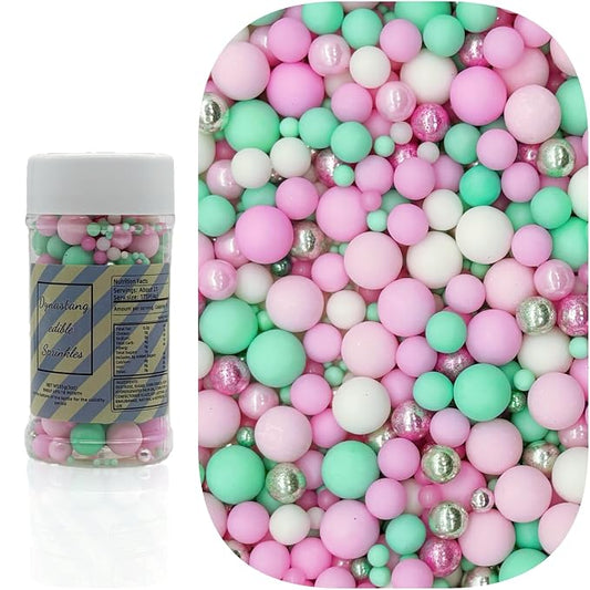 Dynastang Mixed Size Pink Series & Green Series Pearls Sprinkles Edible Pearls Cake Decorations Cupcake Toppers Decorating Perfect for Cakes, Cupcakes, Desserts 3OZ