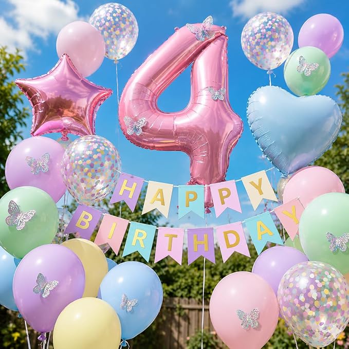 4th Pastel Birthday Party Decorations for Girls Number 4 Balloon Happy Birthday Banner Butterfly Stickers Star Heart Foil Balloons for 4 Year Old Easter Party Decor