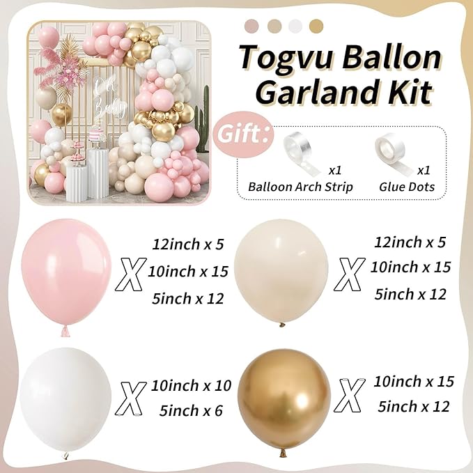 Pink Beige Gold Balloon Garland Arch Kit, 109 Pieces Blush Pastel Pink Peach Pink Gold Beige White Sand Latex Balloon Garland Kit for Girls Women Birthday Baby Bridal Shower Wedding Party Decorations