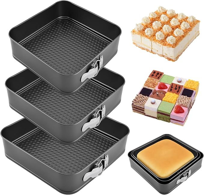Set of 3 Springform Cake Tins Heavy Duty, Double Layer Non-Stick Coating, Removable Base, Heavy Duty Carbon Steel, Perfect for Frozen Desserts - Oven Safe Bakeware(SIZE:square)