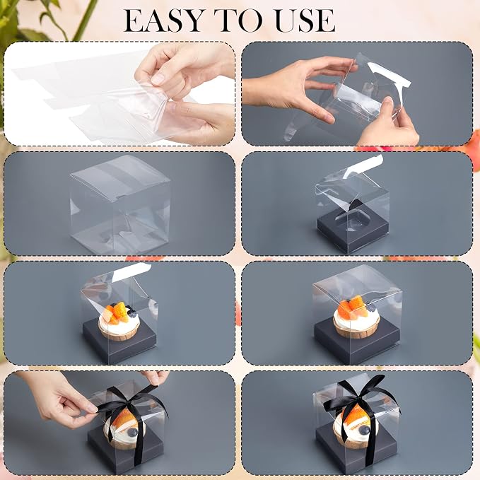 96 Pieces Individual Cupcake Boxes Single Cupcake Container Clear Cupcake Carrier Plastic Cupcake Storage Cupcake Holder with Ribbon and Insert for Wedding Birthday Party Favor, 3.5 x 3.5 x 3.5(Black)
