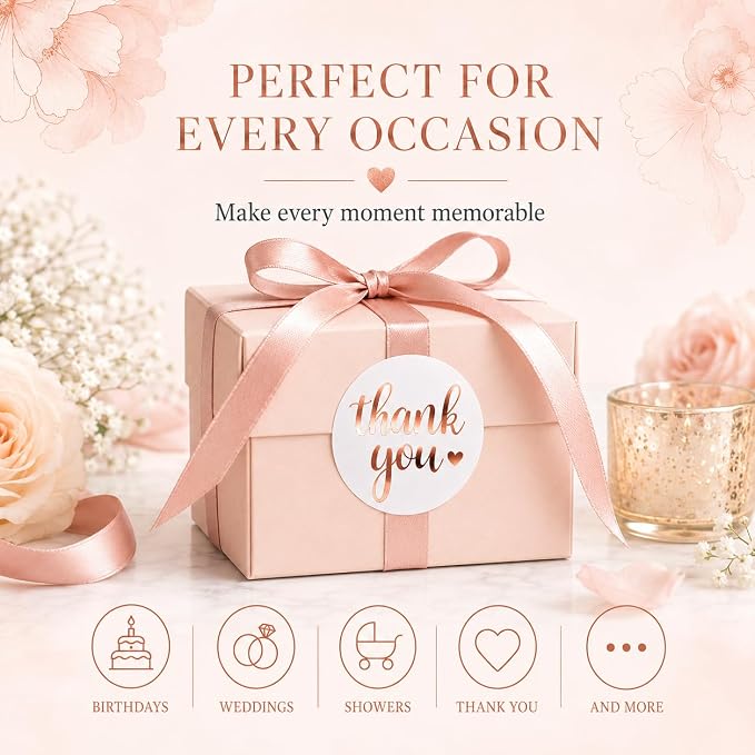 White Rose Gold Thank You Stickers roll, 500 Labels Roll, 1.5 Inch Round Self Adhesive Stickers for Packaging, Envelopes, Bags, Boxes & Wedding Favors
