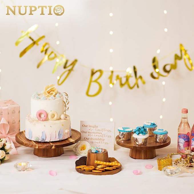 NUPTIO Wood Cake Display Stand Set of 3：4 in 1 Multifunction Cake Plate Serving Bowl Chip & Dip Tray Nut Dish Acacia Wood Cupcake Holder for Wedding Birthday Tea Party Gift for Baking Enthusiasts