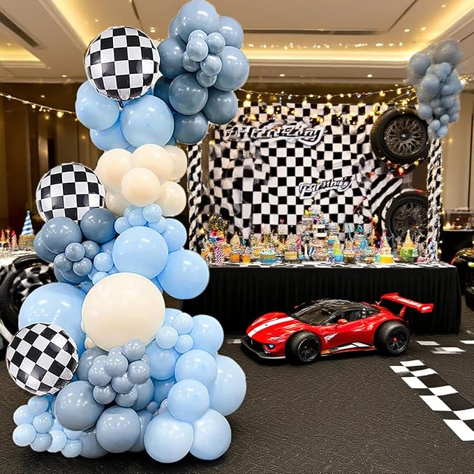 Race Car Balloons Garland Arch Kit,100PCS Macaron Blue Smoke Blue Balloon Arch Kit with Checkered Foil Balloon for Car Fast Birthday Celebration Party Festival Day Decorations