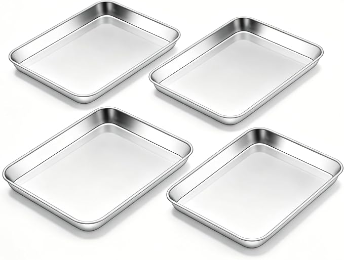 Homikit 4 Pack Baking Sheet, 10x8 Inch Stainless Steel Cookie Tray Set for Cooking Toasting, Small Metal Toaster Oven Baking Pan Non Stick, Rustproof & Mirror Finish, Dishwasher Safe